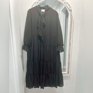 Black Tie-Neck Tiered Midi Dress